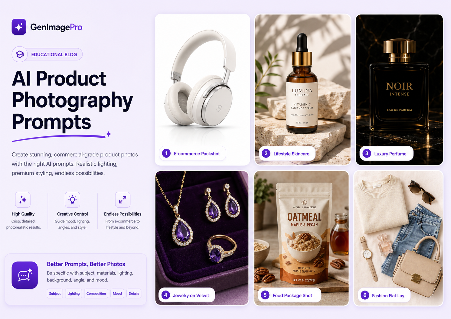 AI product photography prompt examples showing ecommerce packshots, lifestyle scenes, luxury product ads, jewelry, skincare, food, and fashion