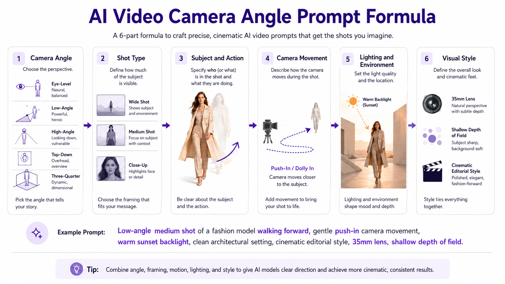 AI video camera angle prompt formula showing camera angle, shot type, subject and action, camera movement, lighting, and visual style