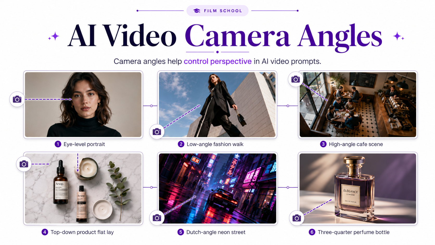 AI video camera angle examples including eye-level, low-angle, high-angle, overhead, Dutch angle, POV, and three-quarter views