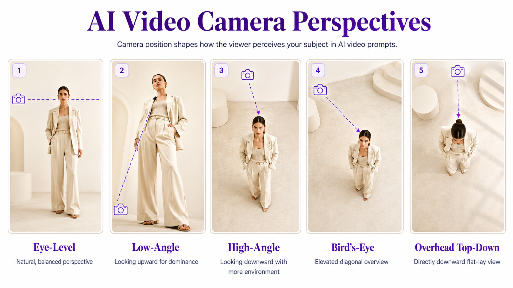 Comparison of eye-level, low-angle, high-angle, bird's-eye, and overhead camera perspectives for AI video
