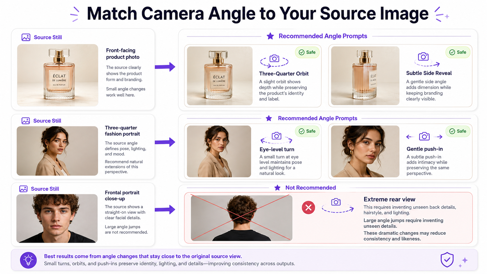 Source image changing gradually from front view to three-quarter and side camera angles for AI video