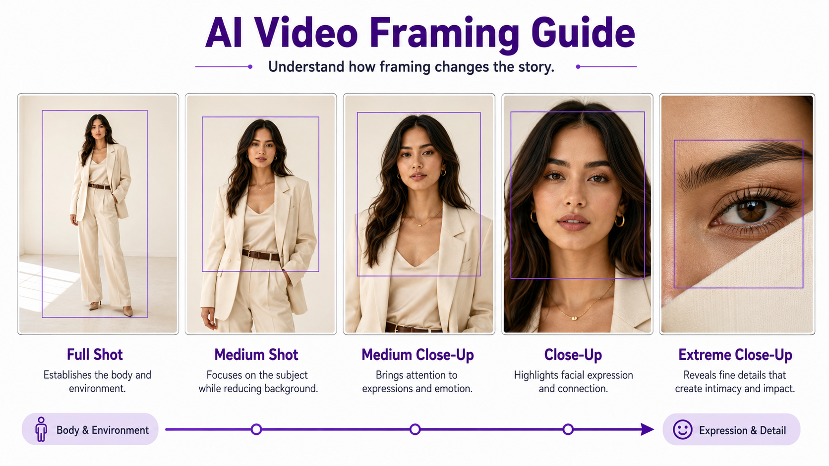 Comparison of full shot, medium shot, medium close-up, close-up, and extreme close-up framing for AI video