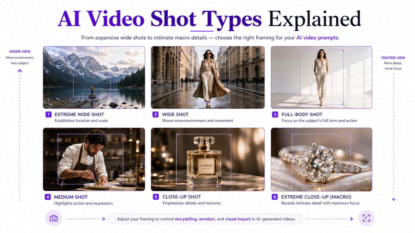 AI video shot types showing wide shot, full shot, medium shot, close-up, extreme close-up, and cinematic framing examples
