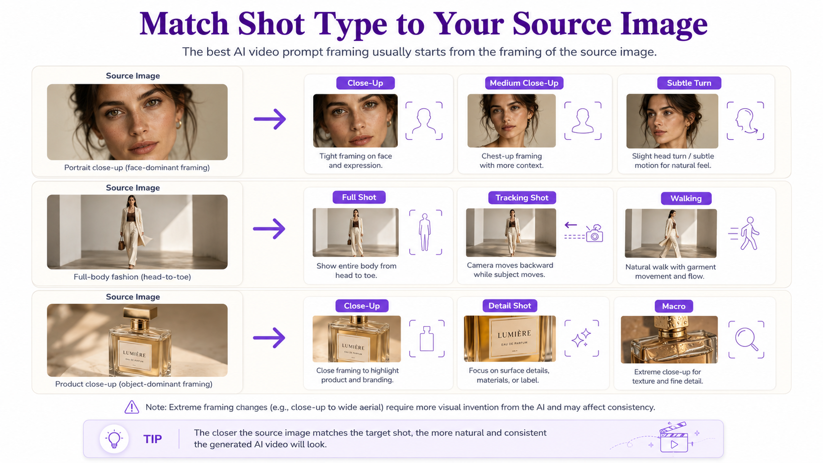 Source images matched with suitable AI video shot types including portrait close-up, fashion full shot, and product macro shot