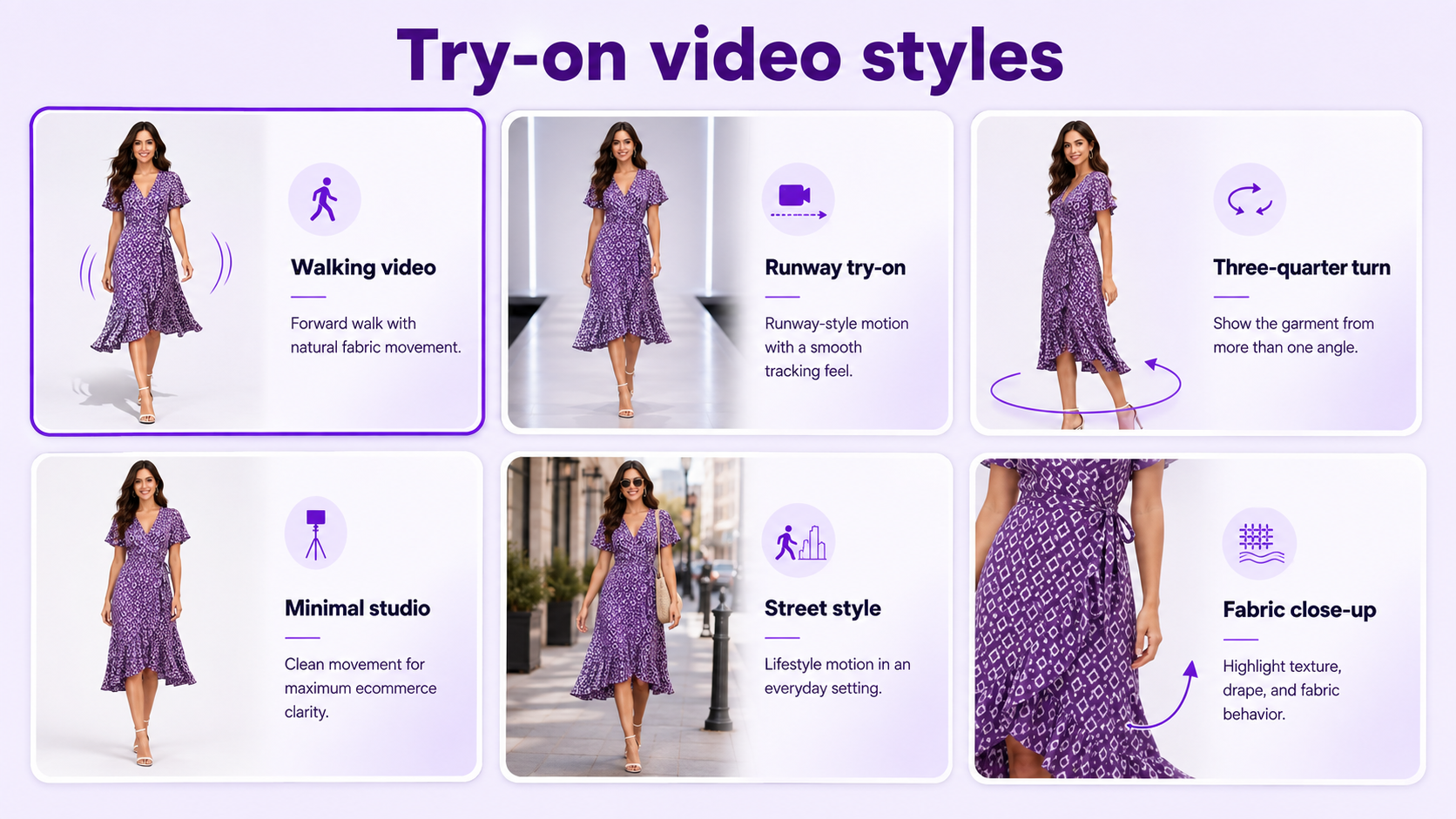 AI fashion try-on video styles including walking model, runway, model turn, studio, street style, and fabric motion