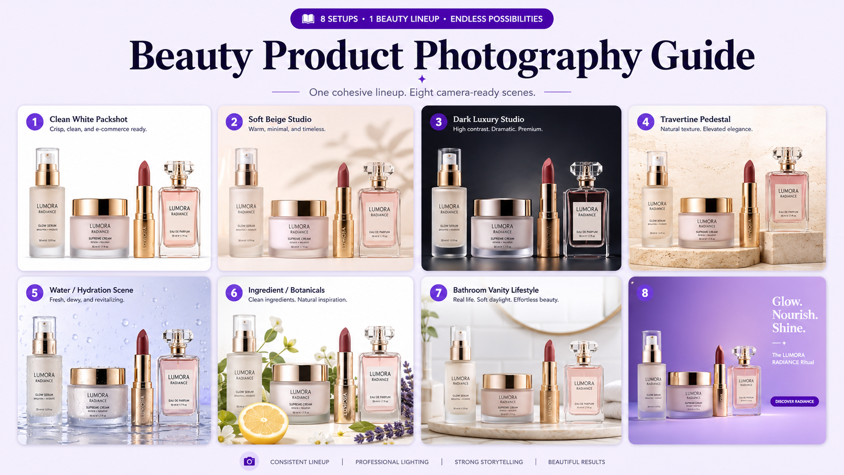 Beauty product photography examples featuring skincare bottles, makeup packaging, haircare products, fragrance, studio backgrounds, stone pedestals, water, ingredients, and lifestyle scenes