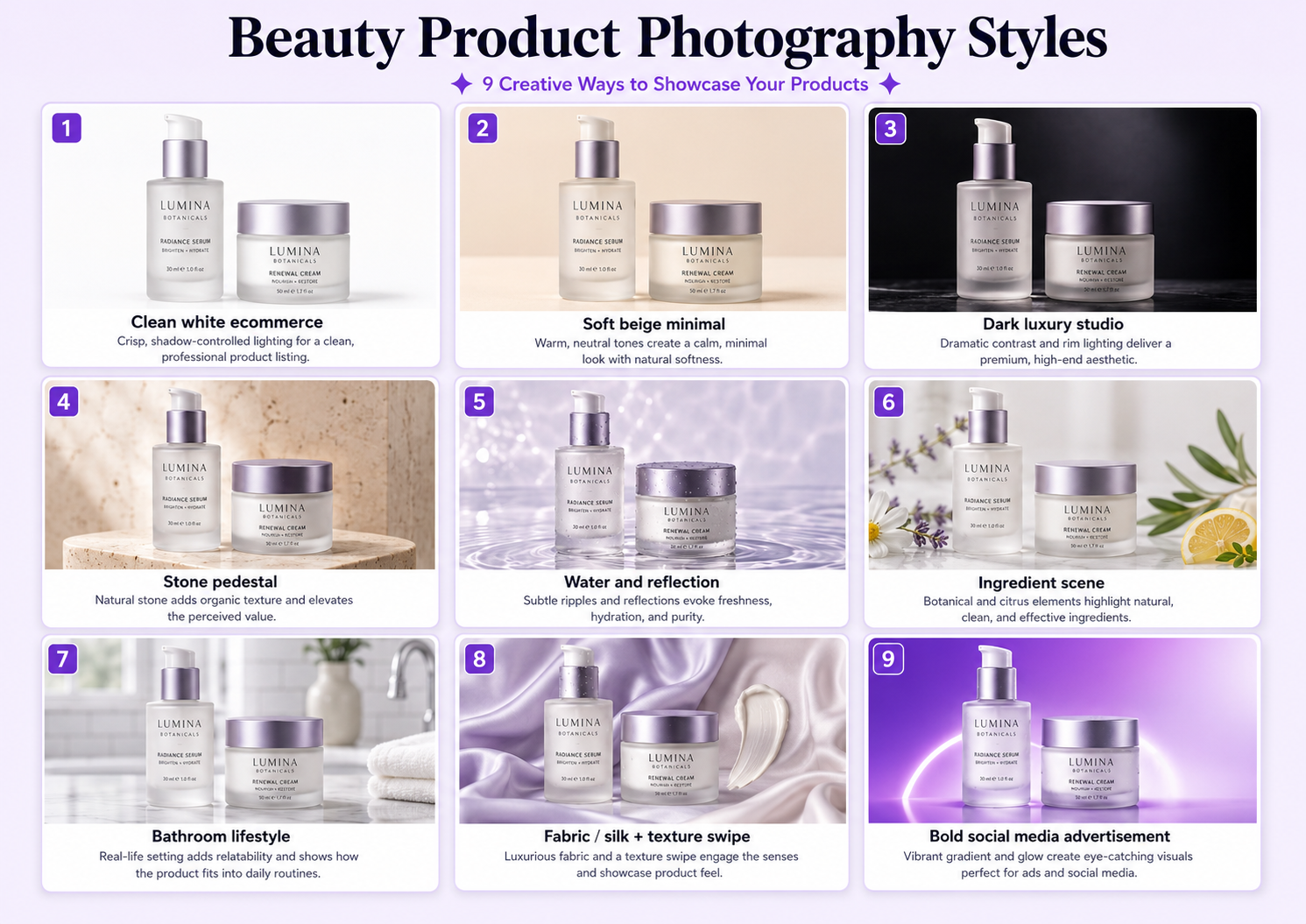 Beauty product photography styles including white studio, beige minimal, dark luxury, stone pedestal, water, ingredient, bathroom, fabric, texture, and social ad scenes
