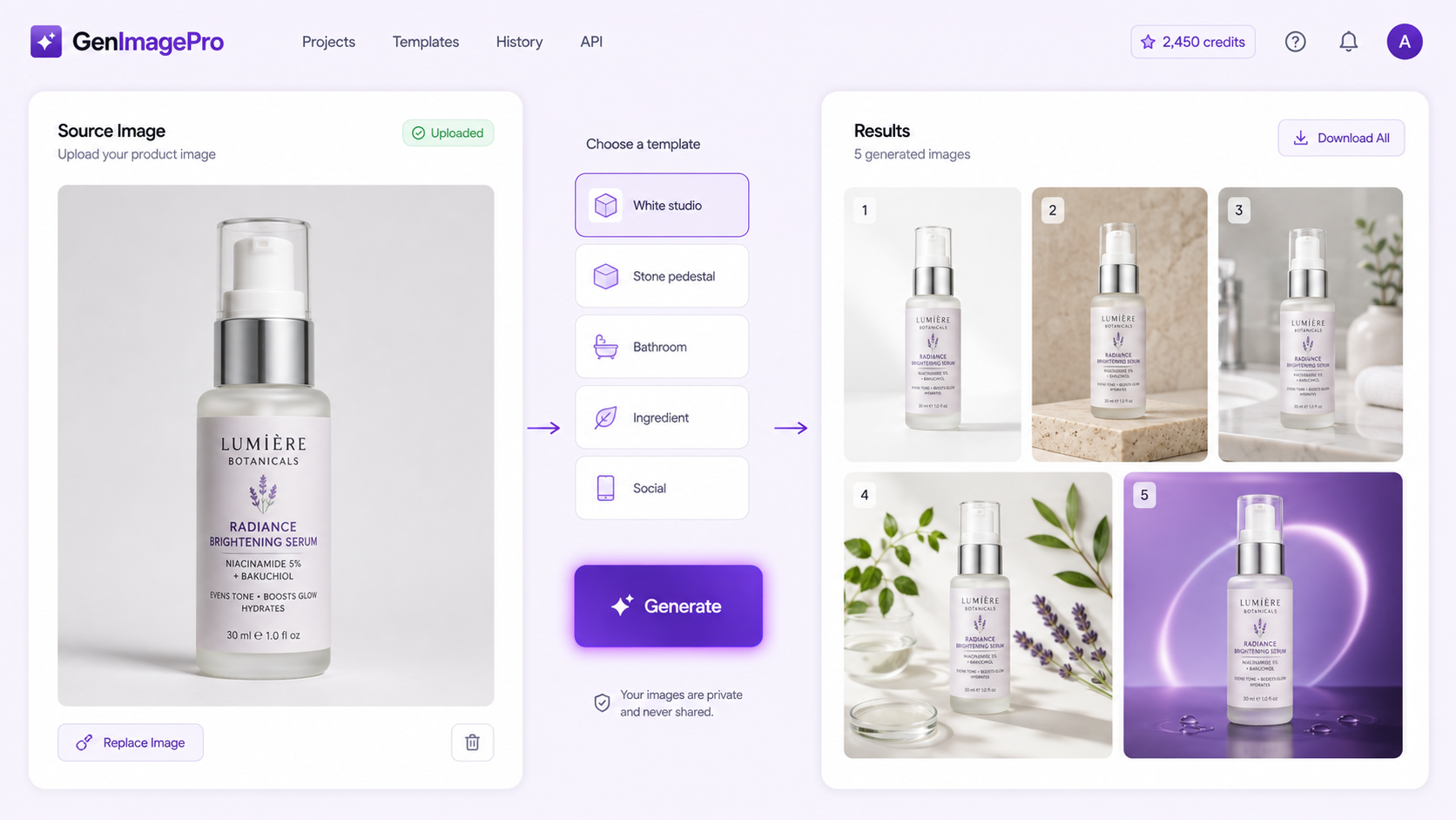GenImagePro beauty product workflow showing one skincare bottle transformed into ecommerce studio, stone pedestal, bathroom, ingredient, and social campaign images