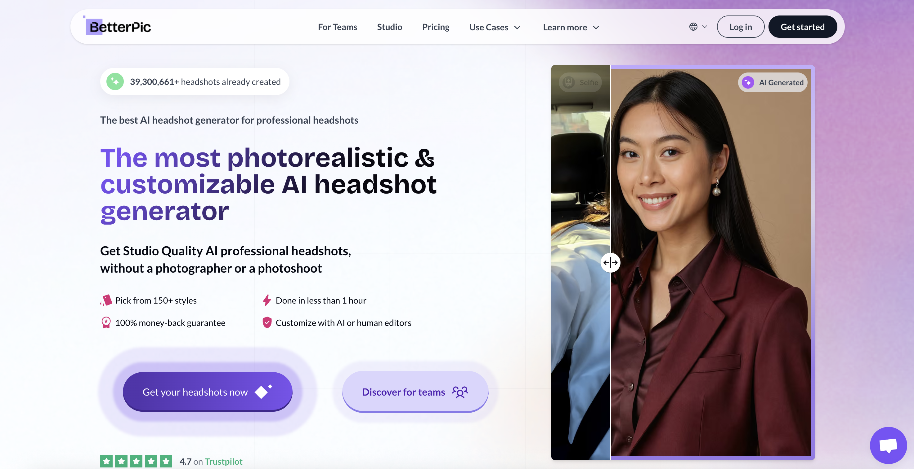 BetterPic AI headshot generator showing professional portrait variations with business clothing and studio backgrounds