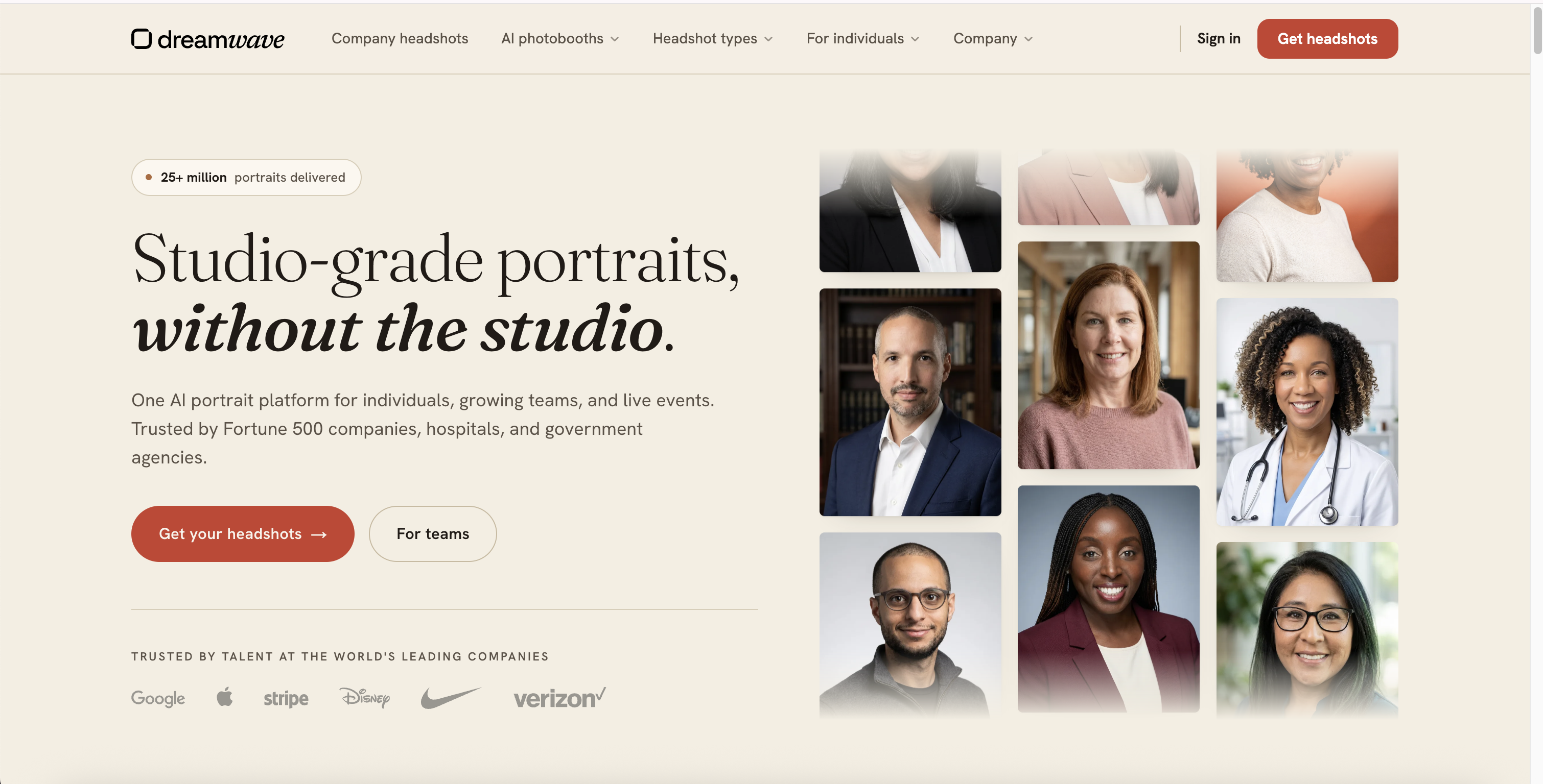 Dreamwave AI professional portraits showing corporate headshots, different clothing styles, and professional backgrounds