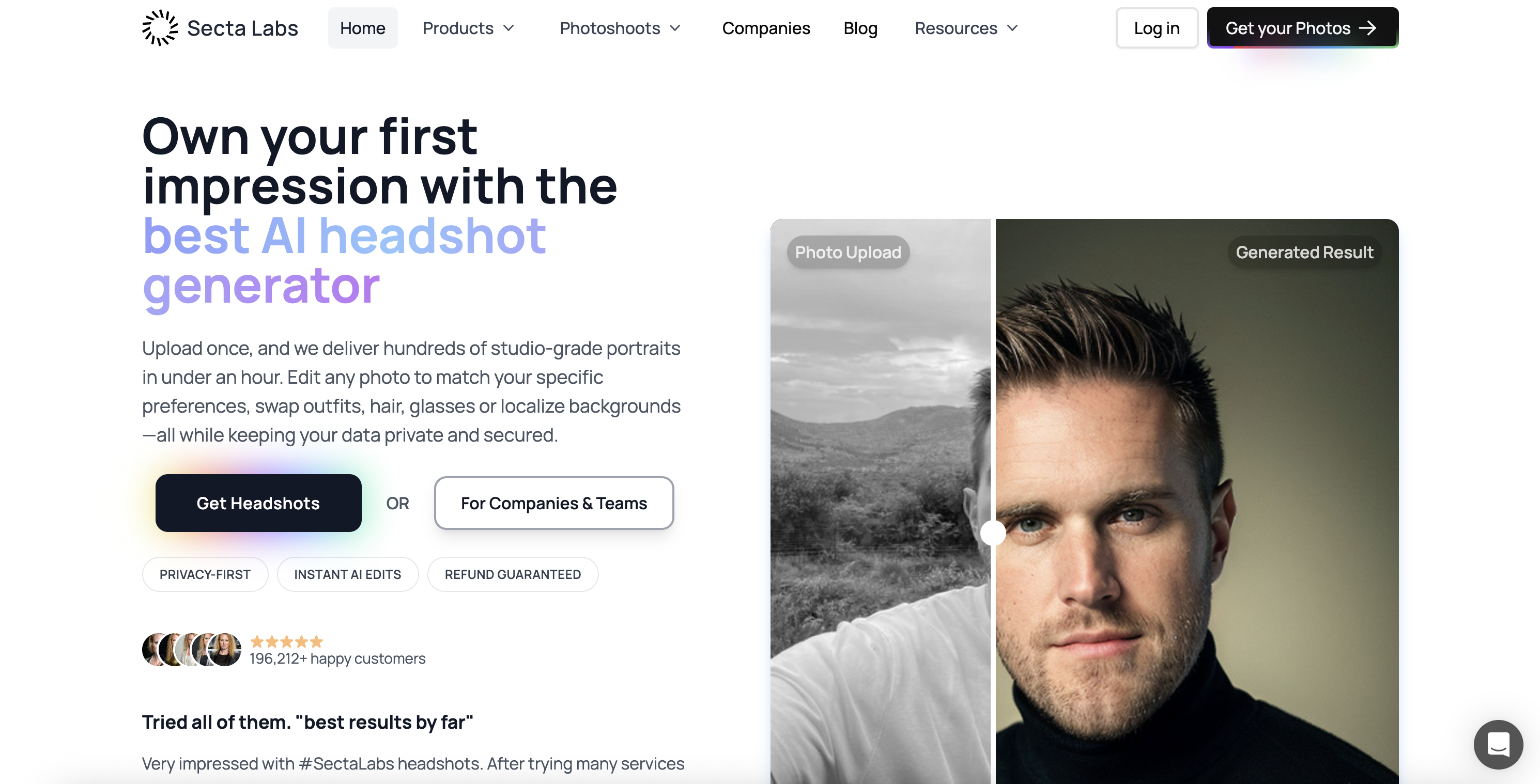 Secta AI headshot gallery with numerous professional portrait styles, clothing choices, poses, and backgrounds