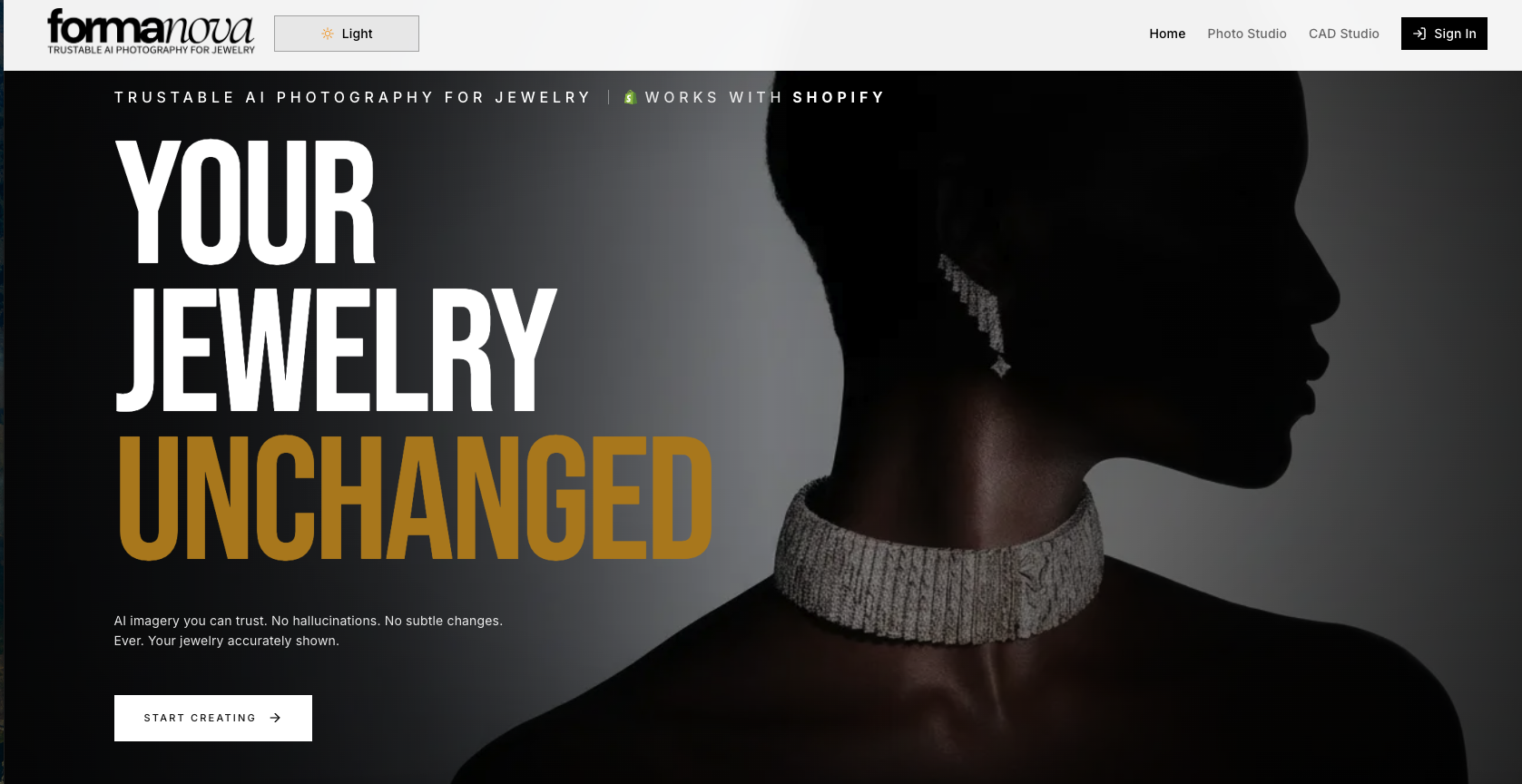 FormaNova homepage for trustable AI jewelry photography with model and product shots