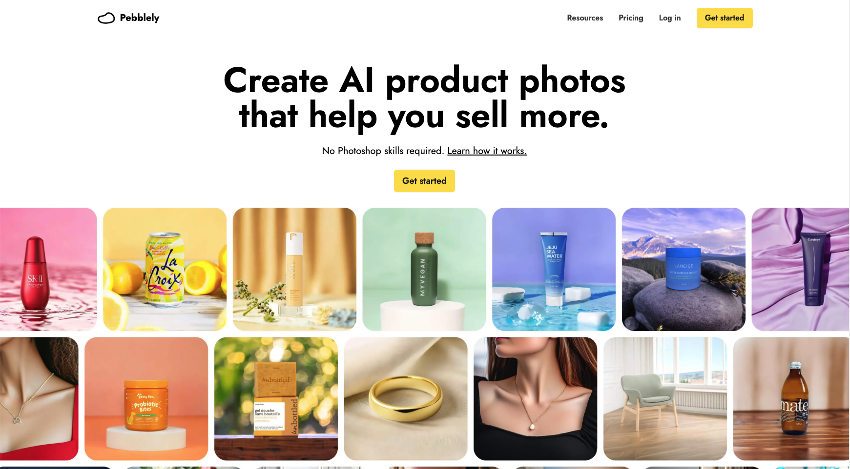 Pebblely homepage with a grid of AI product photos for beauty, beverages, jewelry, and lifestyle scenes