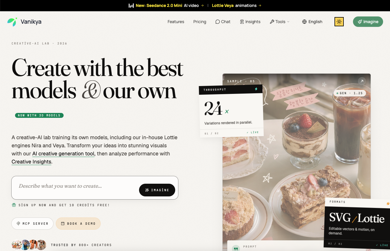 Vanikya Creative-AI Lab homepage for generating visuals with in-house AI models