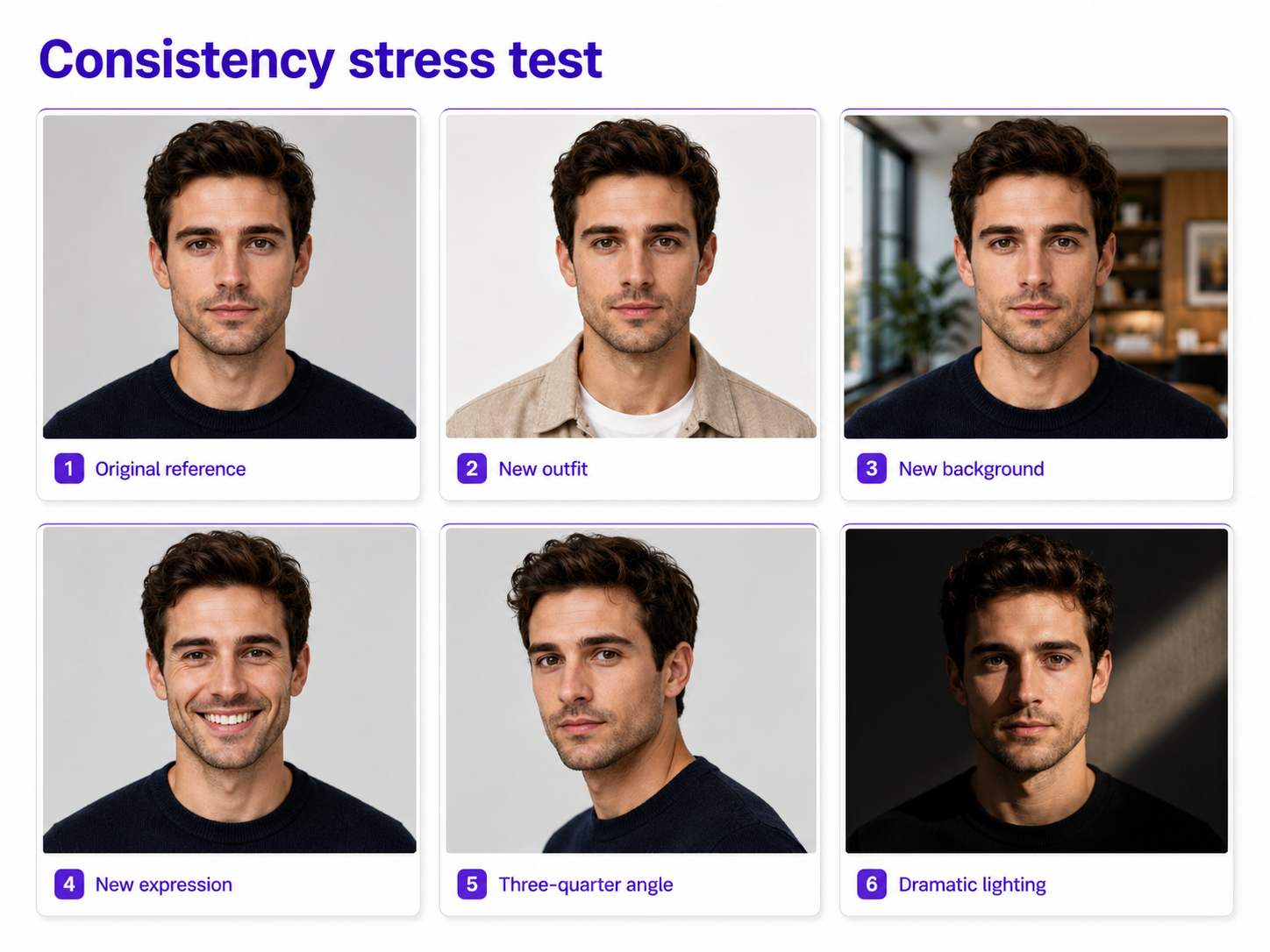 Face consistency stress test showing the same AI character across outfit, pose, lighting, background, and camera changes