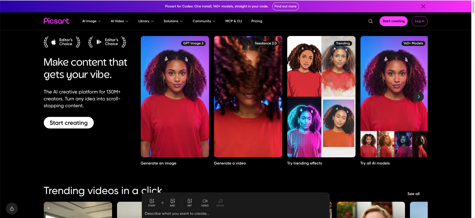 Picsart AI photo editor featuring creative effects, object removal, image enhancement, background changes, and portrait tools