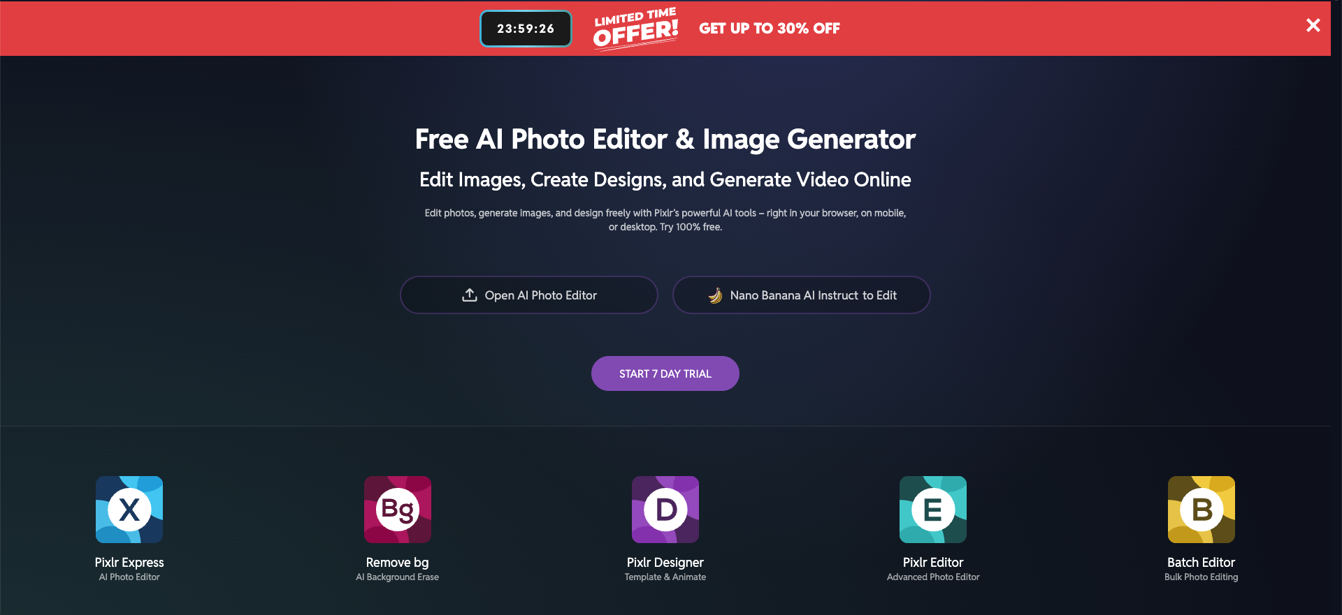 Pixlr browser AI photo editor with generative fill, object removal, background removal, image expansion, and enhancement