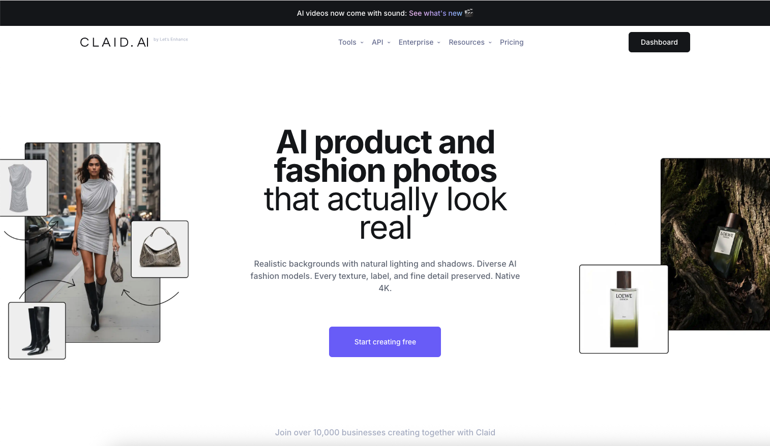 Claid.ai homepage showing AI product and fashion photos with realistic backgrounds and preserved product detail