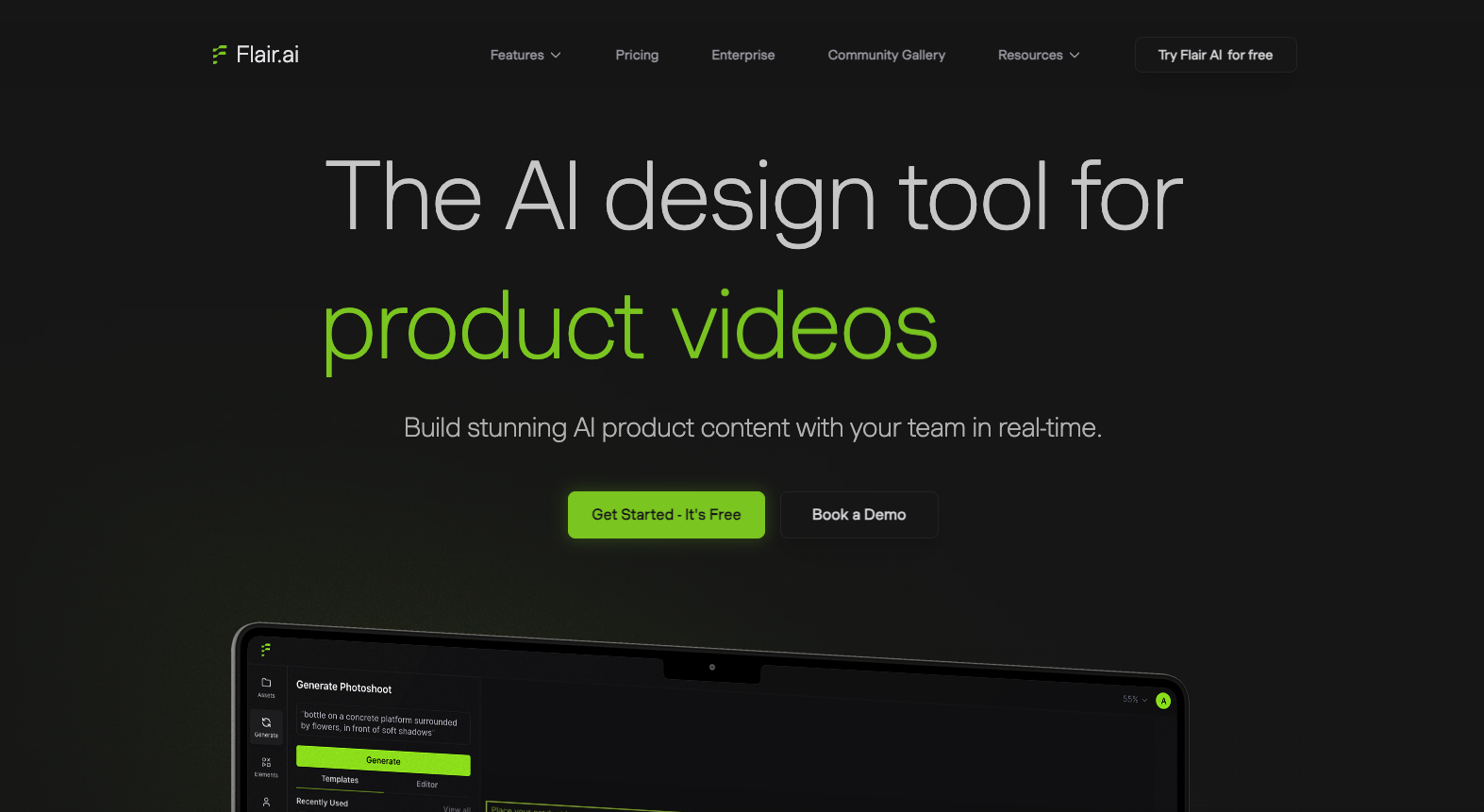 Flair.ai homepage and editor UI for building AI product photos and product video scenes