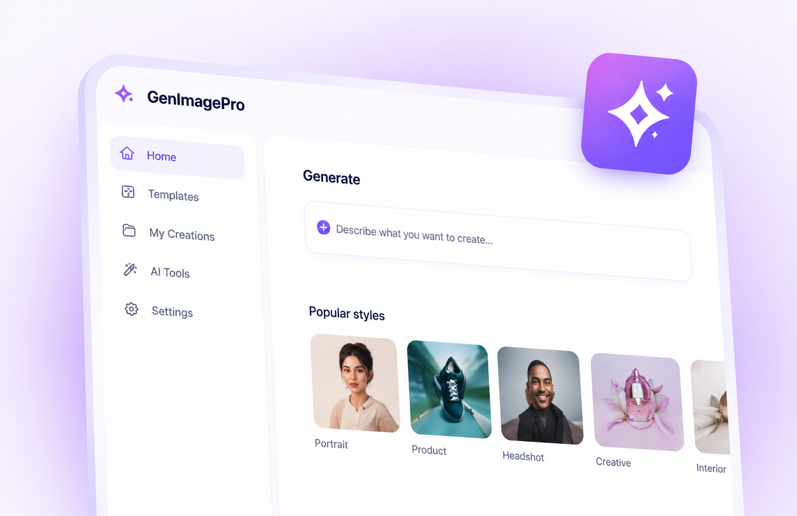 GenImagePro image-to-image AI generator with templates for products, portraits, food, rooms, cars, and commercial visuals