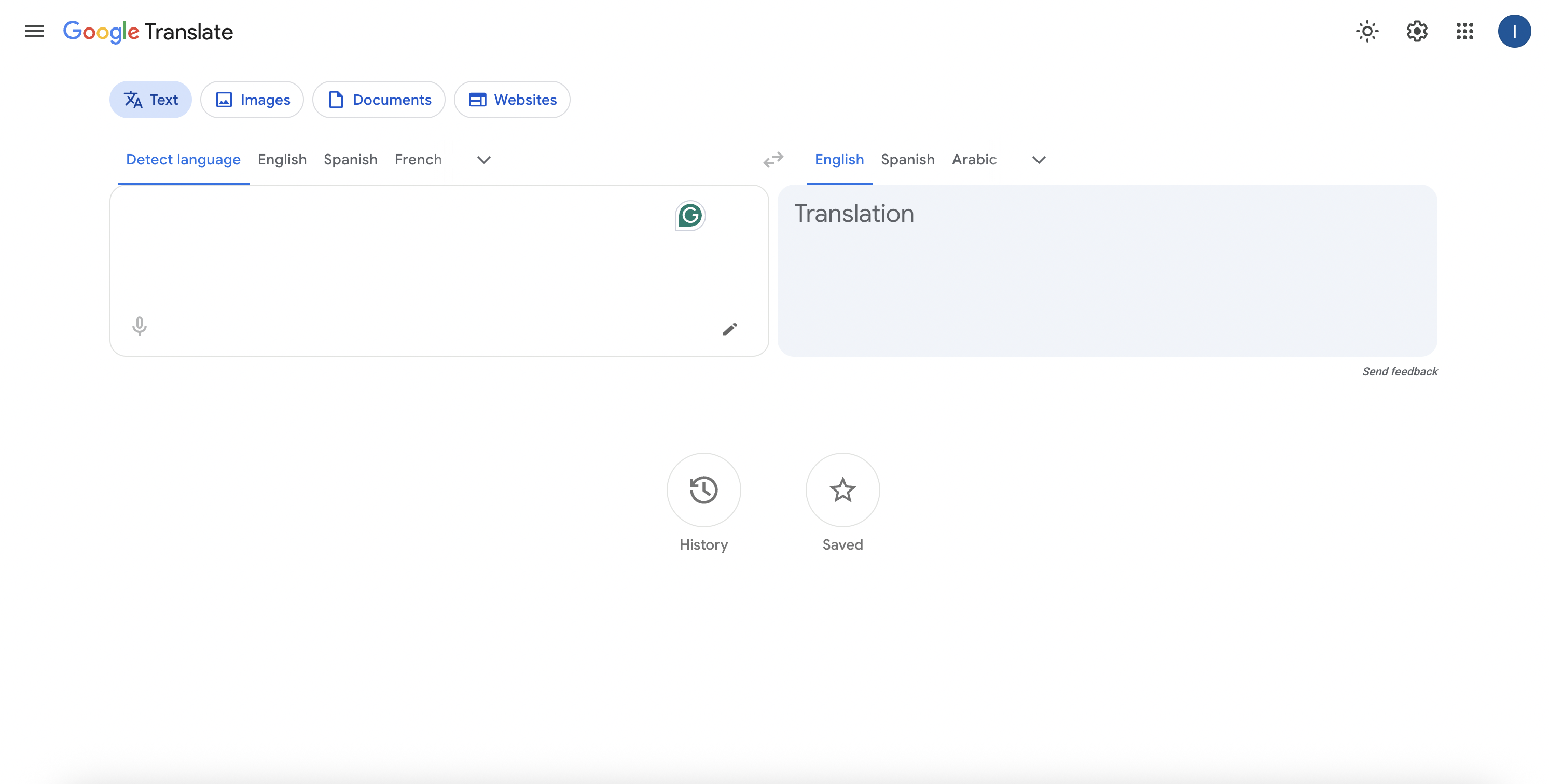 Arbeitsbereich für die Bildübersetzung von Google Translate