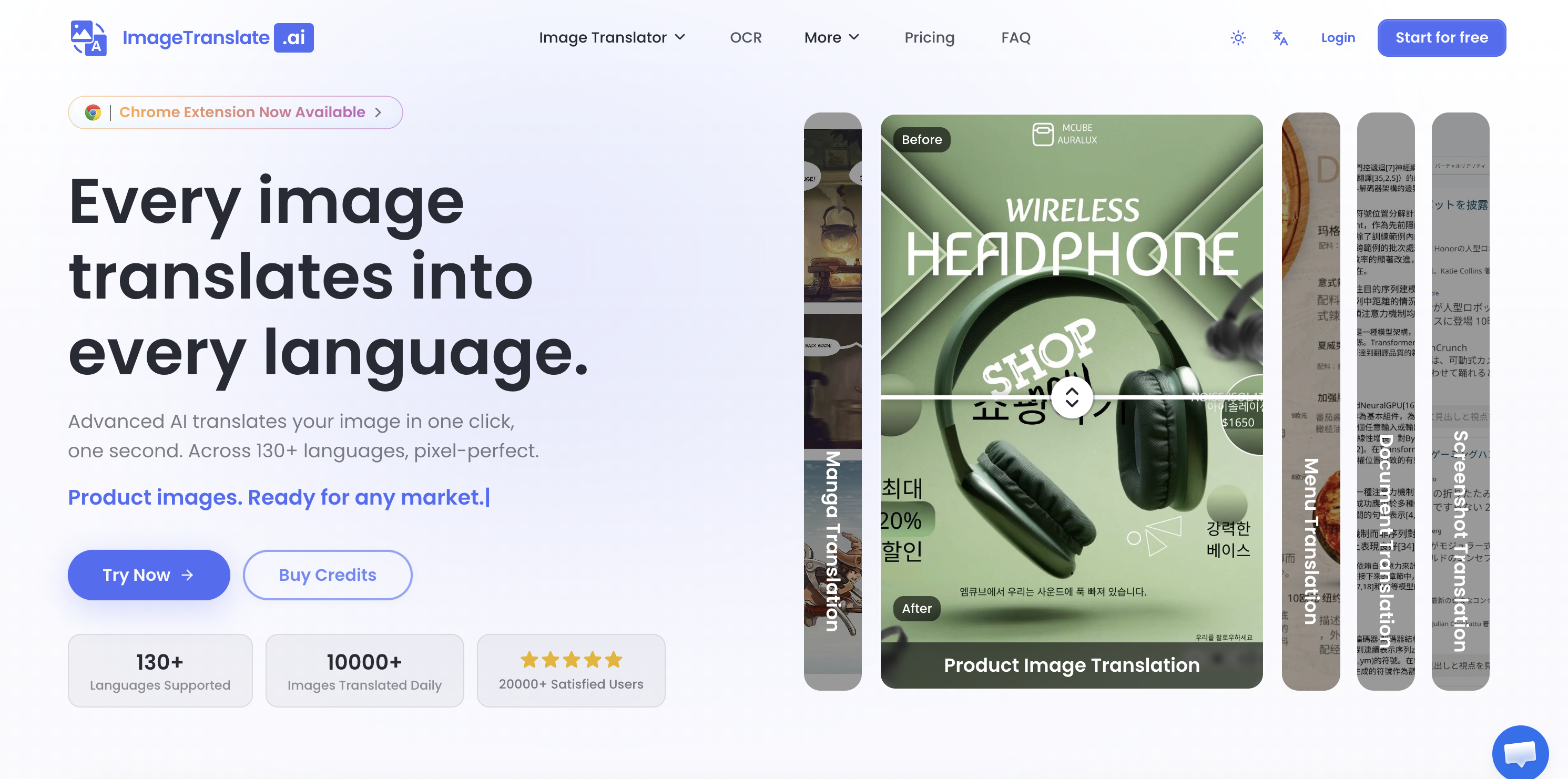 ImageTranslate.AI Landing-Ansicht für die Produkt- und Dokumentbildübersetzung