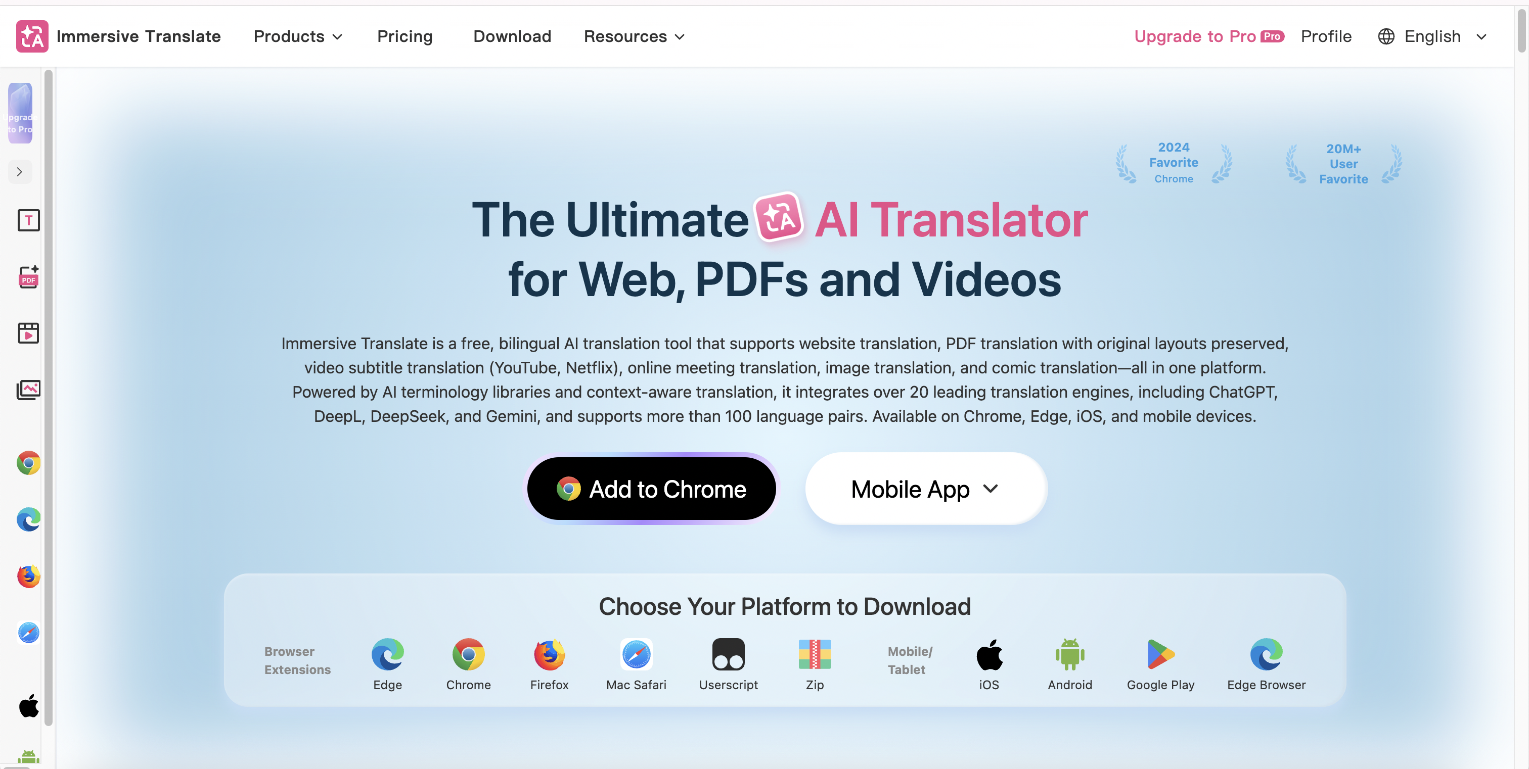 Immersive Translate browserorientierter Übersetzungsarbeitsbereich