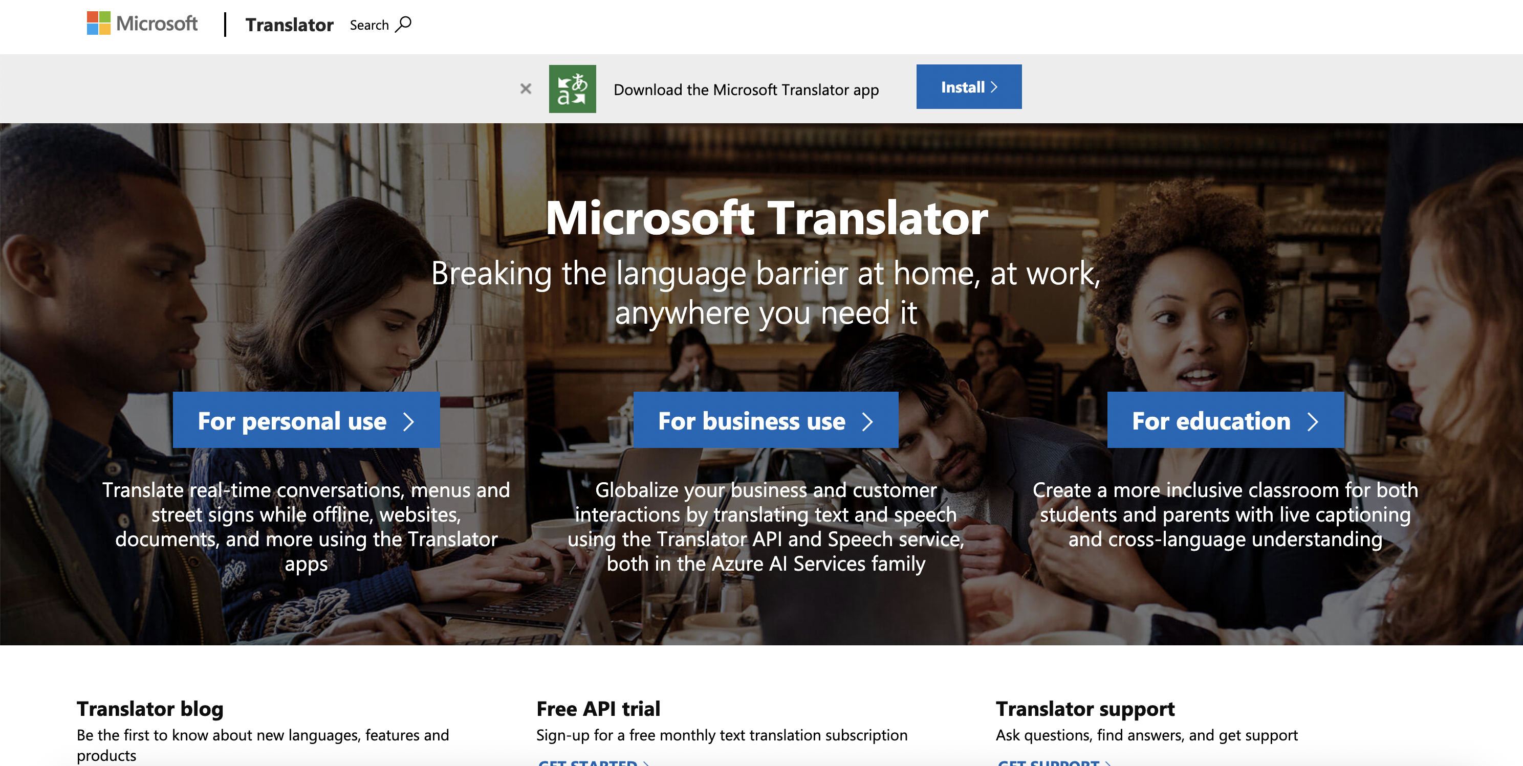 Microsoft Translator Startseite für Foto- und Offline-Übersetzung