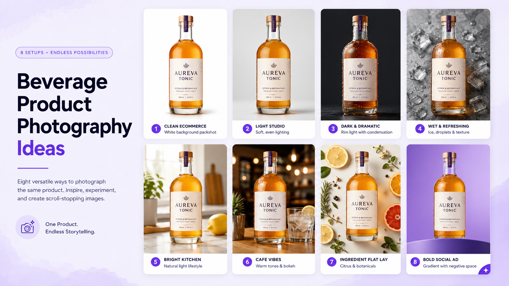 Beverage product photography examples featuring bottles, cans, coffee, juice, cocktails, and energy drinks in studio and lifestyle settings