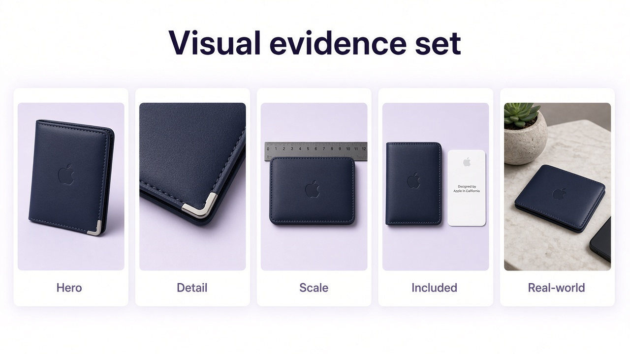 Five evidence cards: packshot, detail, scale, included items, and real-world context for one product