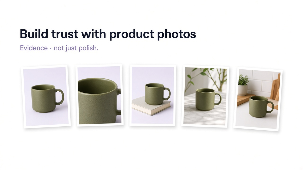 Product shown through packshot, detail, scale, lifestyle, and customer-style evidence on a white field