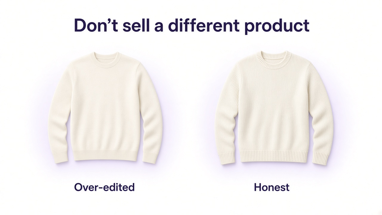 Over-smoothed wrong-color product next to an accurate product with honest texture and true color