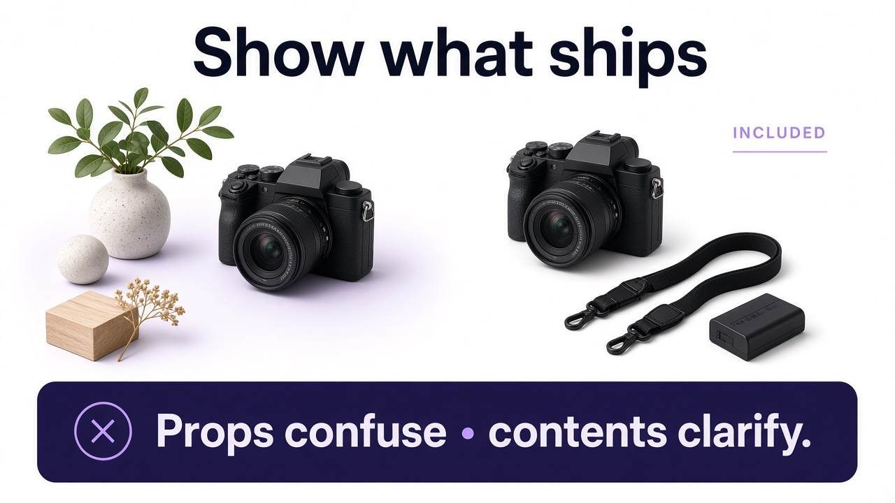 Clear what’s-included layout of a product and its accessories versus a prop-heavy lifestyle that hides contents