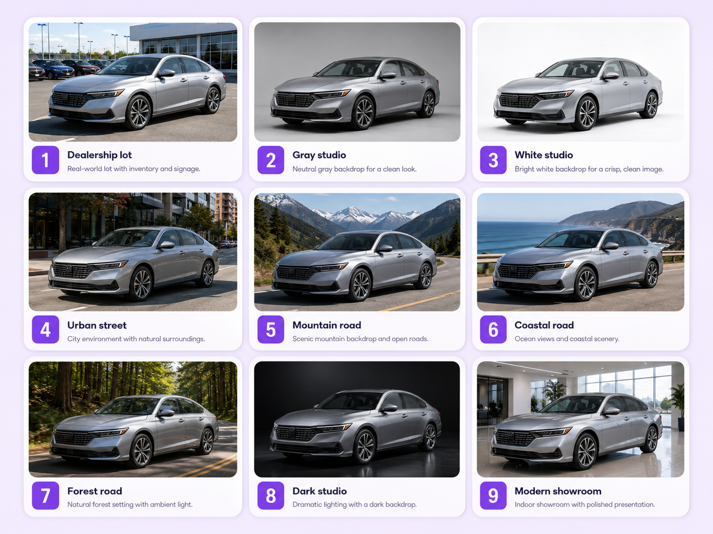 Grid of car photography backgrounds including dealership, gray studio, white studio, urban street, mountain road, coastal road, forest, dark studio, and showroom