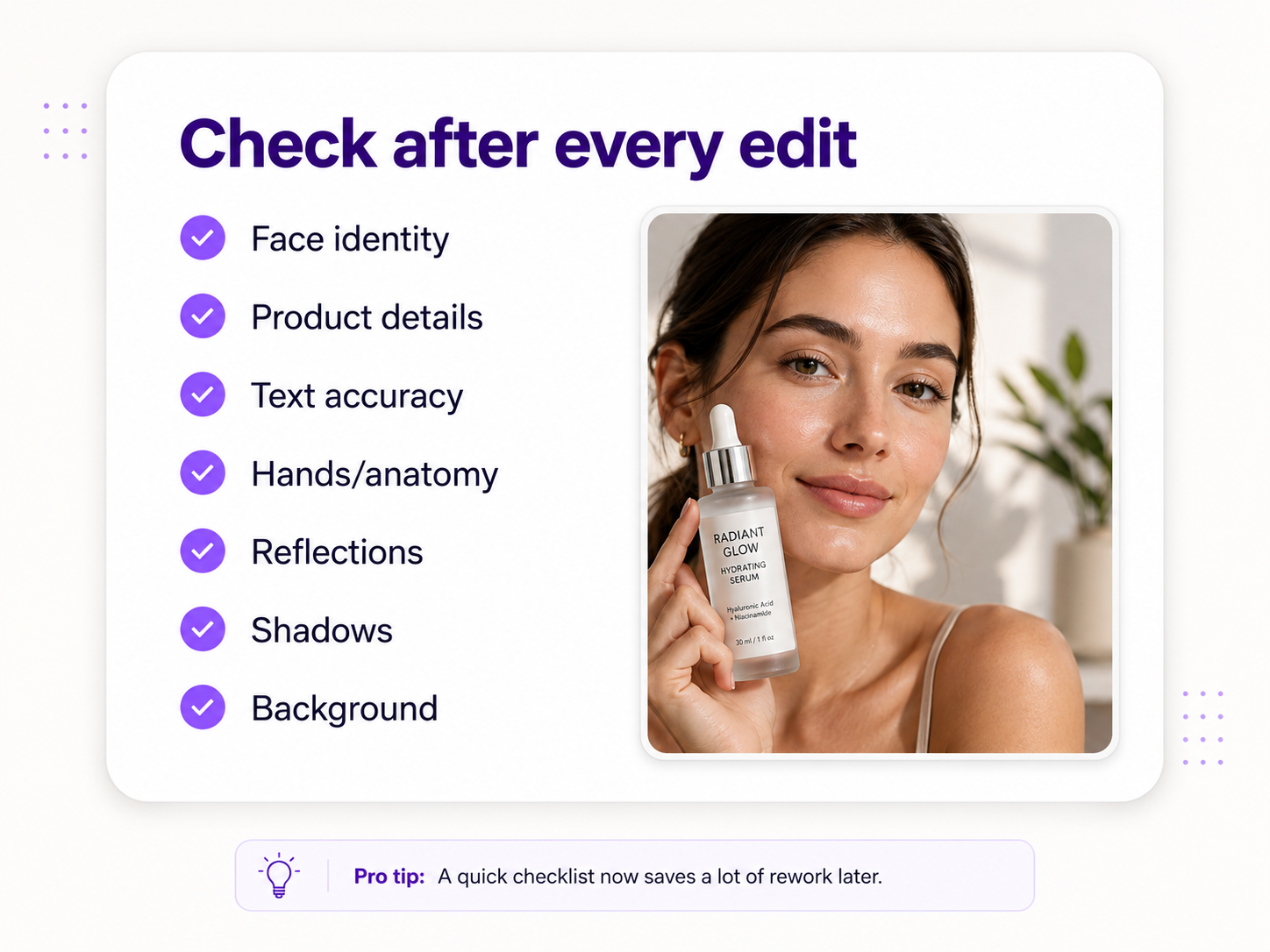 Checklist for reviewing AI edited images for face, product, text, hands, reflections, shadows, and background errors