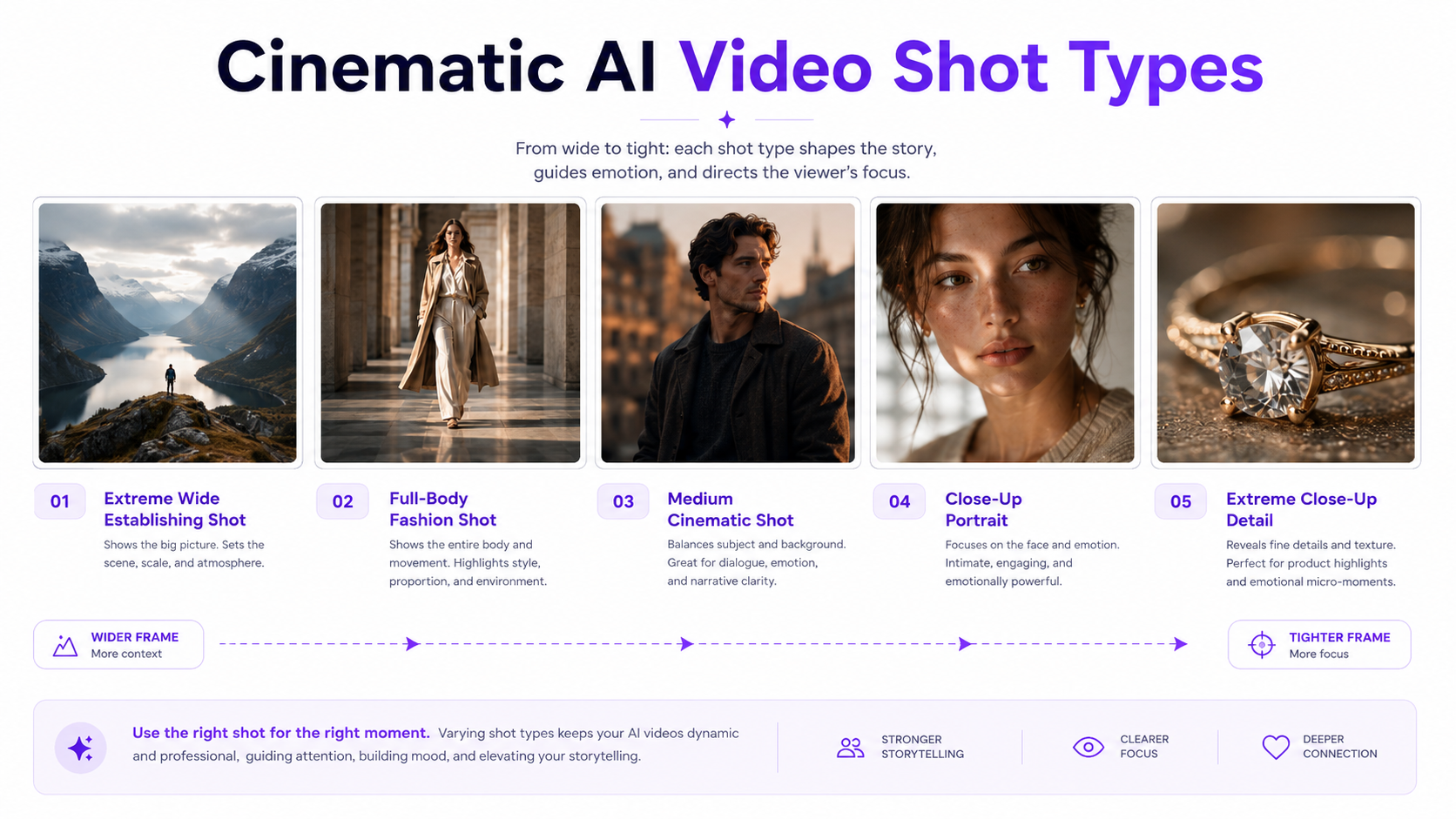 Cinematic AI video prompt formula showing camera behavior, subject and action, environment, lighting and color, and visual style