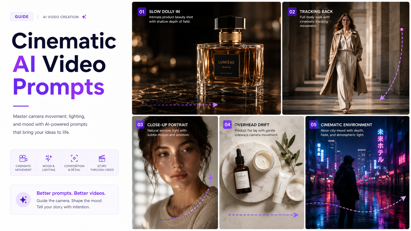 Cinematic AI video prompt examples showing camera movement, dramatic lighting, product shots, fashion scenes, and cinematic framing