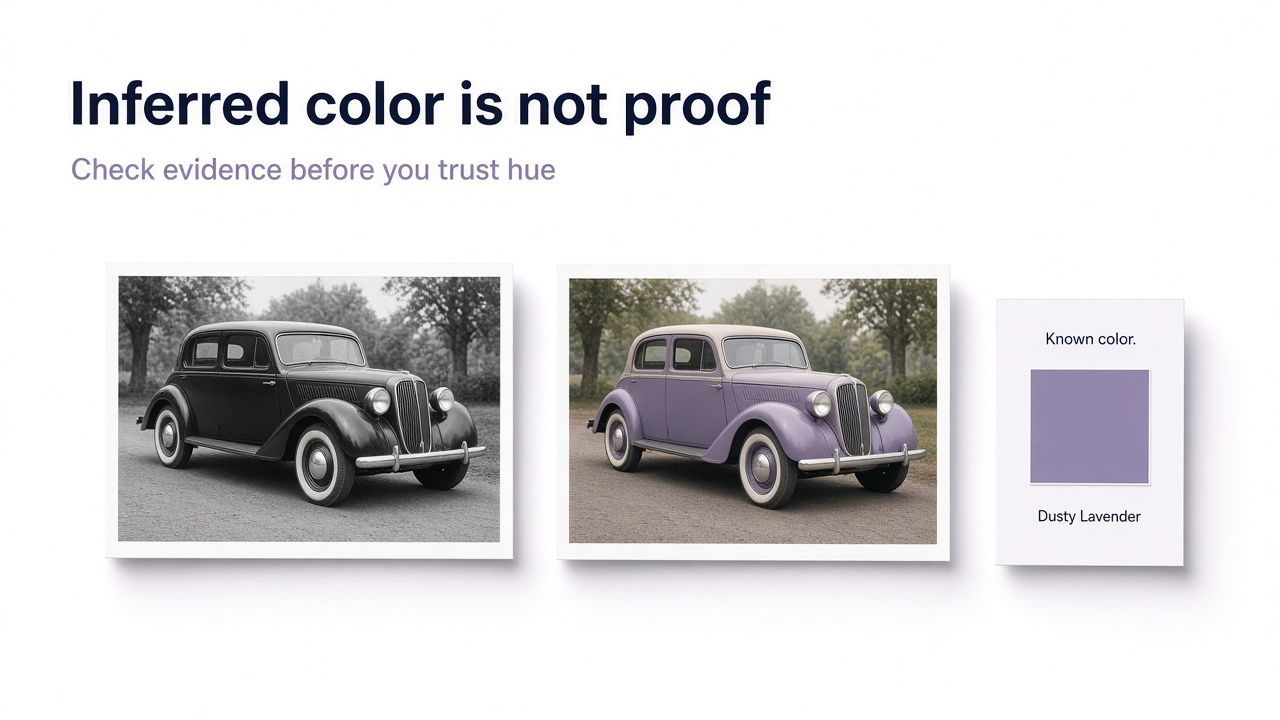 Grayscale photo print beside a colorized interpretation with a small reference card