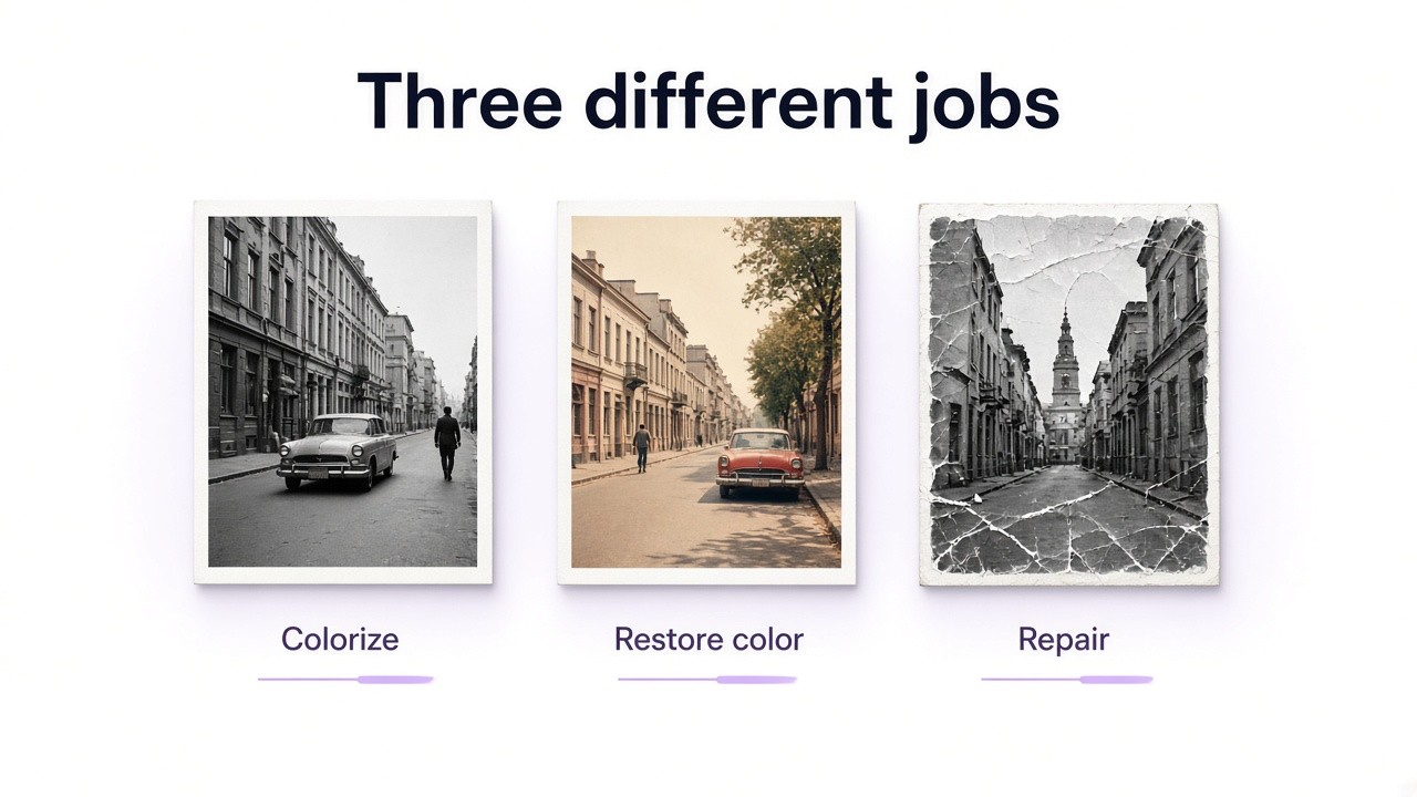 Three physical photo prints labeled colorize, color restore, and repair