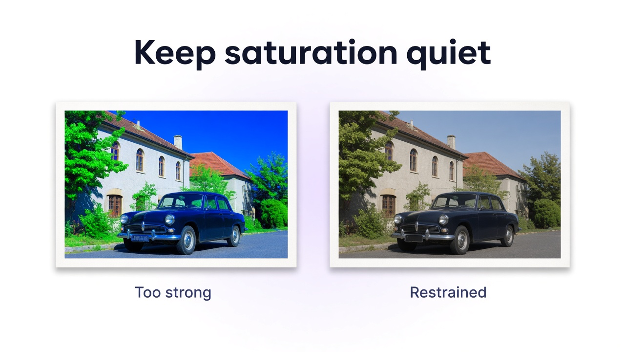 Two colorized photo prints: one oversaturated and one restrained natural palette