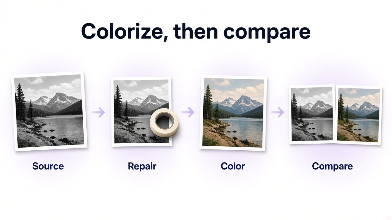 Workflow from black-and-white source print to restrained color version to side-by-side review