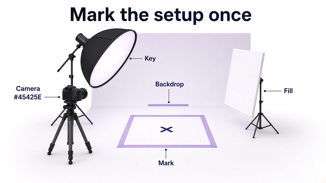 Clothing catalog studio showing fixed camera, model floor mark, backdrop, and repeatable lighting positions