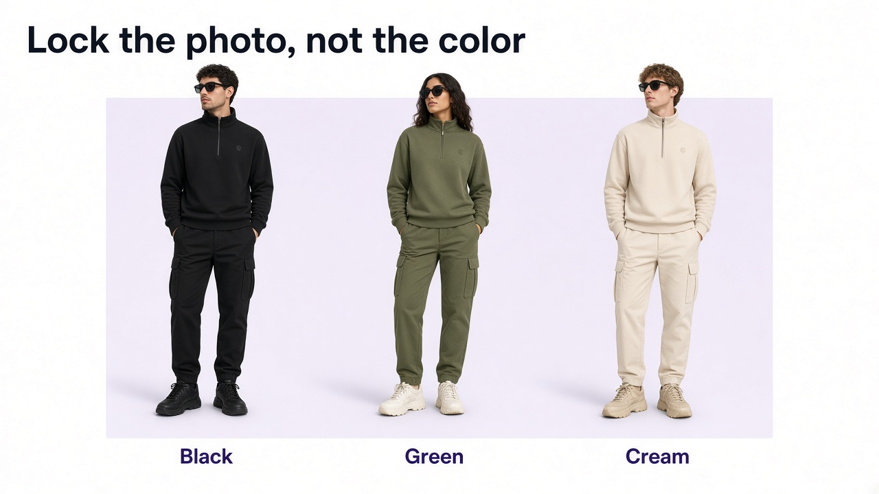 Three color variants of the same garment photographed with identical framing and lighting while preserving accurate individual colors