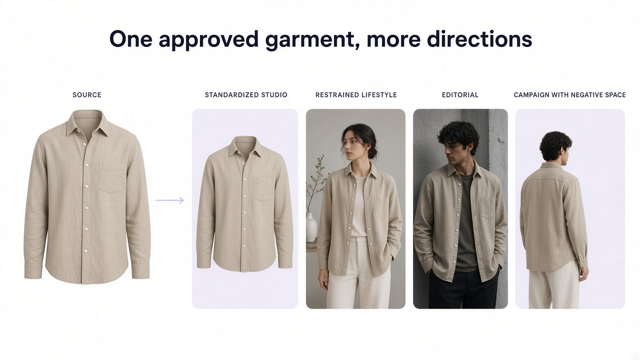 Approved clothing catalog source image extended into standardized studio, lifestyle, editorial, and campaign images