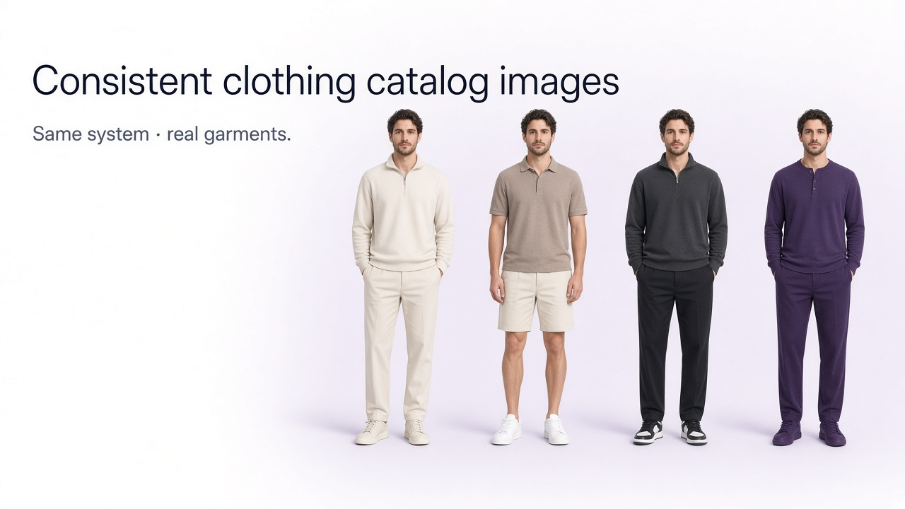 Consistent ecommerce clothing catalog showing multiple garments photographed with matching framing, lighting, model position, and background