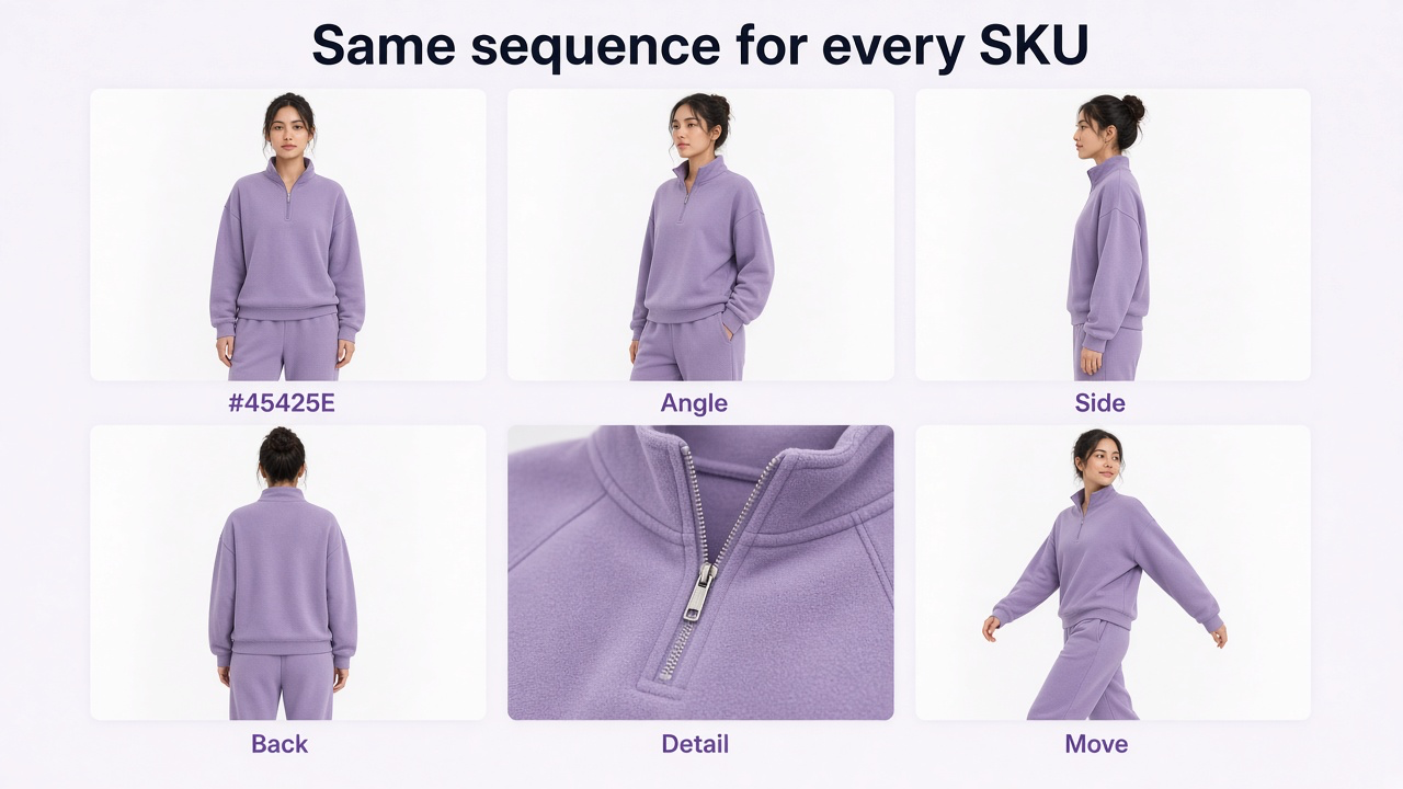 Standard clothing ecommerce image sequence showing front, three-quarter, side, back, detail, and movement views