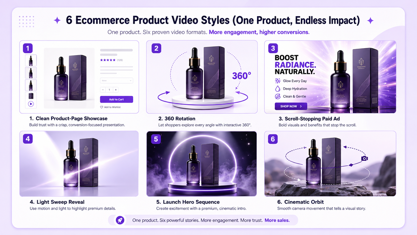 Ecommerce product video styles including clean showcase, 360 rotation, scroll-stopping ad, light sweep reveal, launch hero, and cinematic orbit