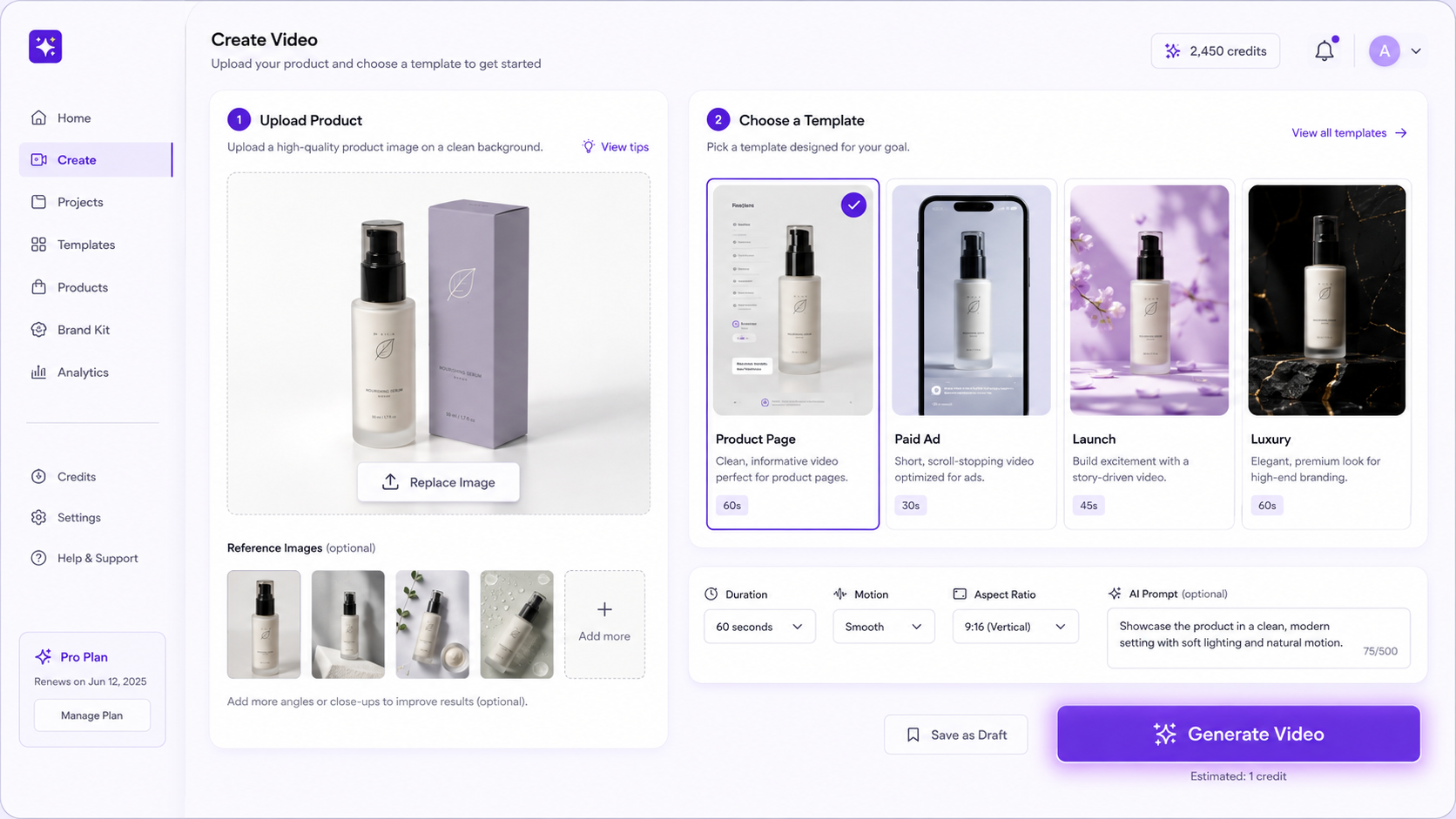Workflow for turning an ecommerce product image into an AI video: upload product photo, choose commercial purpose, add motion prompt, preserve branding, generate variations