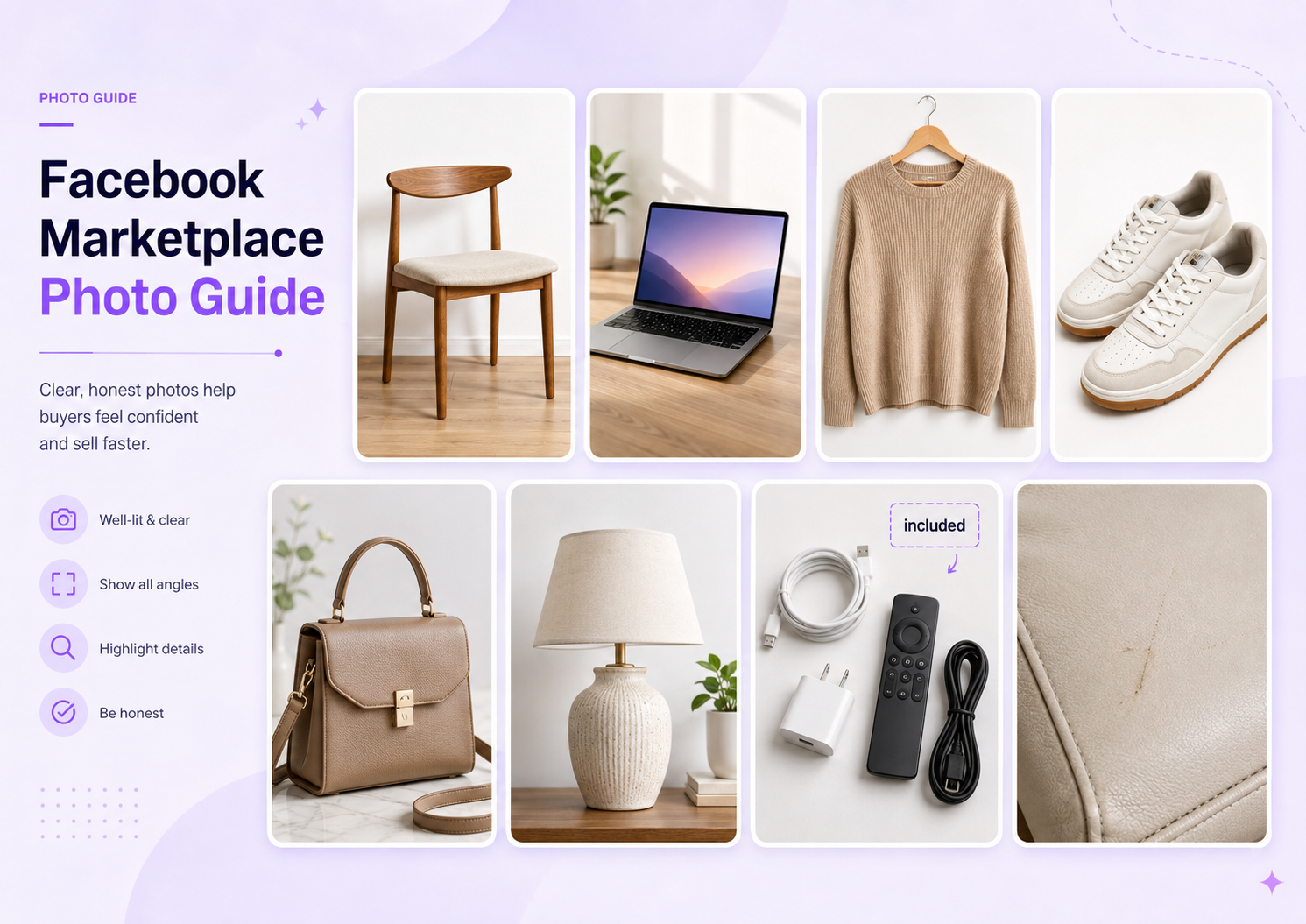 Facebook Marketplace photo guide showing clean listing images of furniture, electronics, clothing, shoes, home goods, and accessories