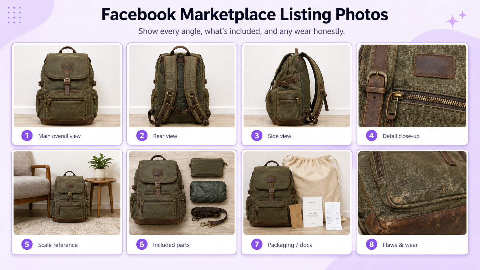 Facebook Marketplace listing photo sequence showing overall view, rear, side, detail, scale, accessories, packaging, and flaws